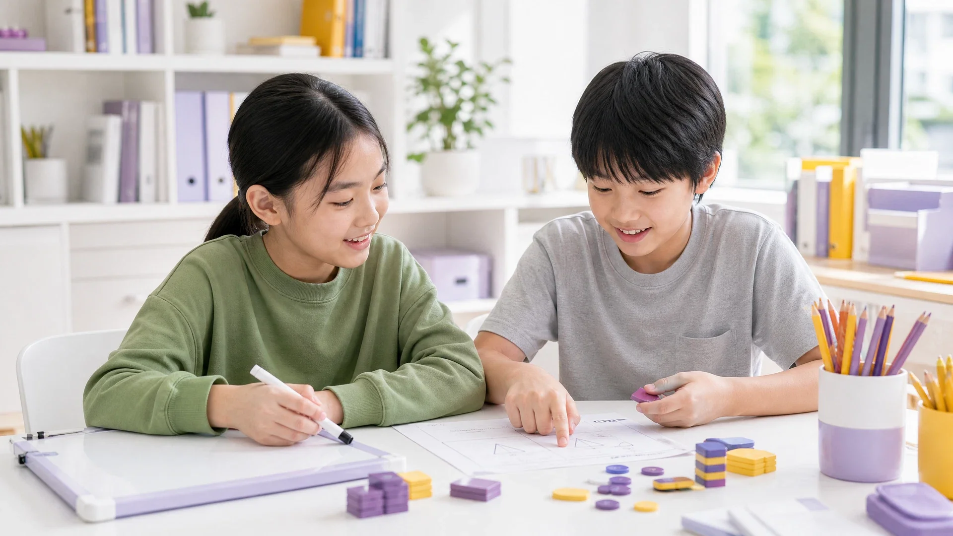 兩名小學生合作解題並以教具討論方法