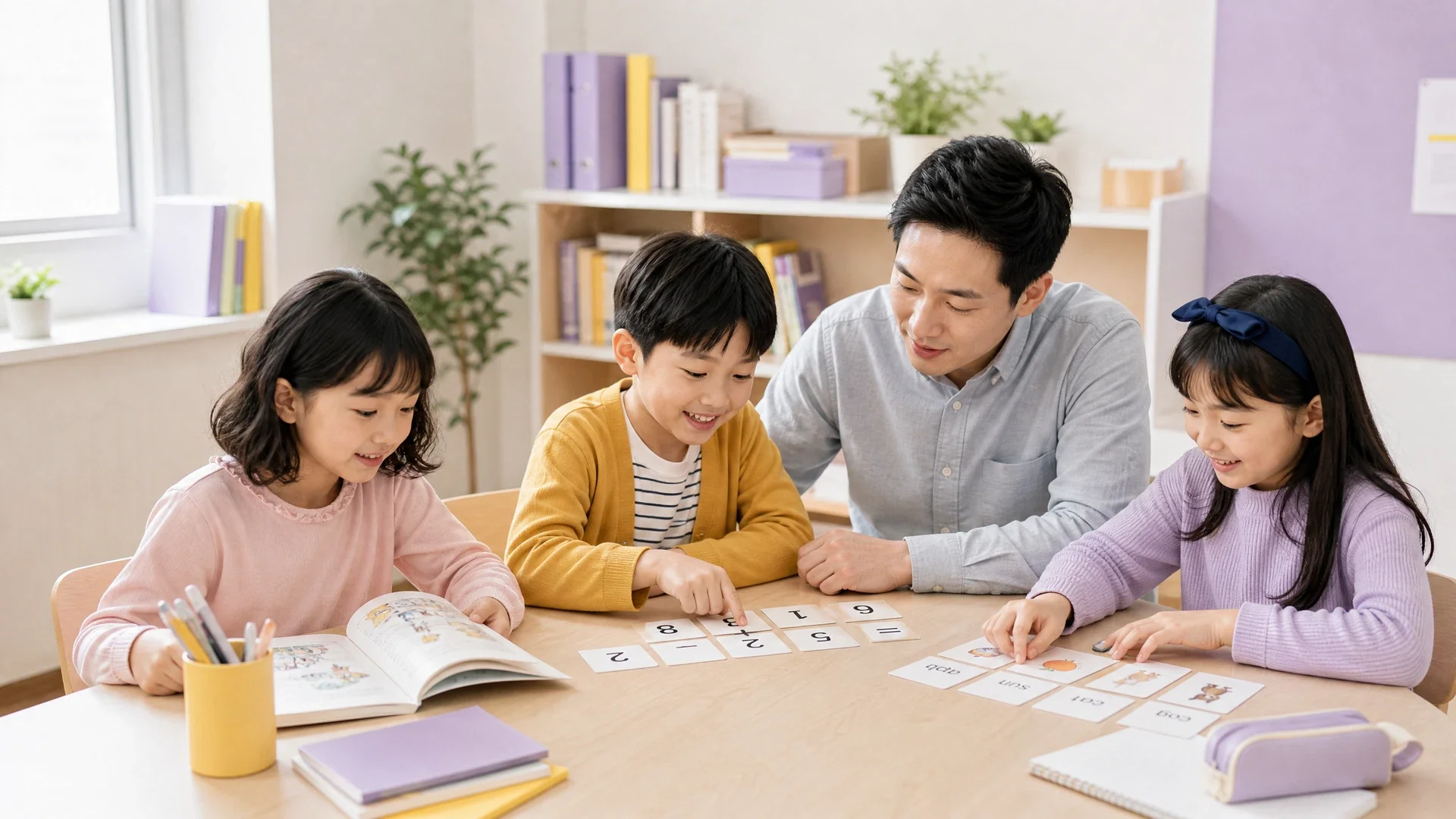 導師陪三名小學生選擇不同科目練習