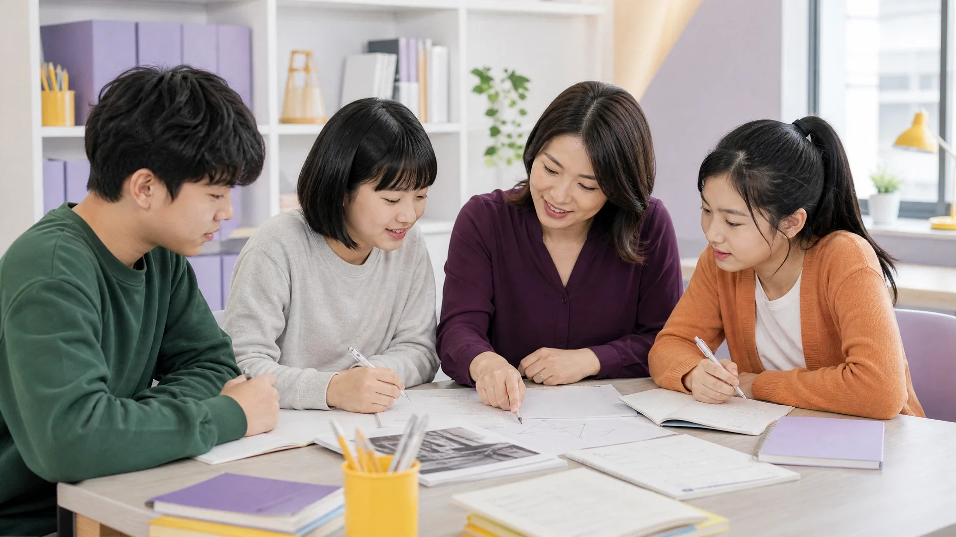 導師與三名初中生討論閱讀理解、數學推理及筆記