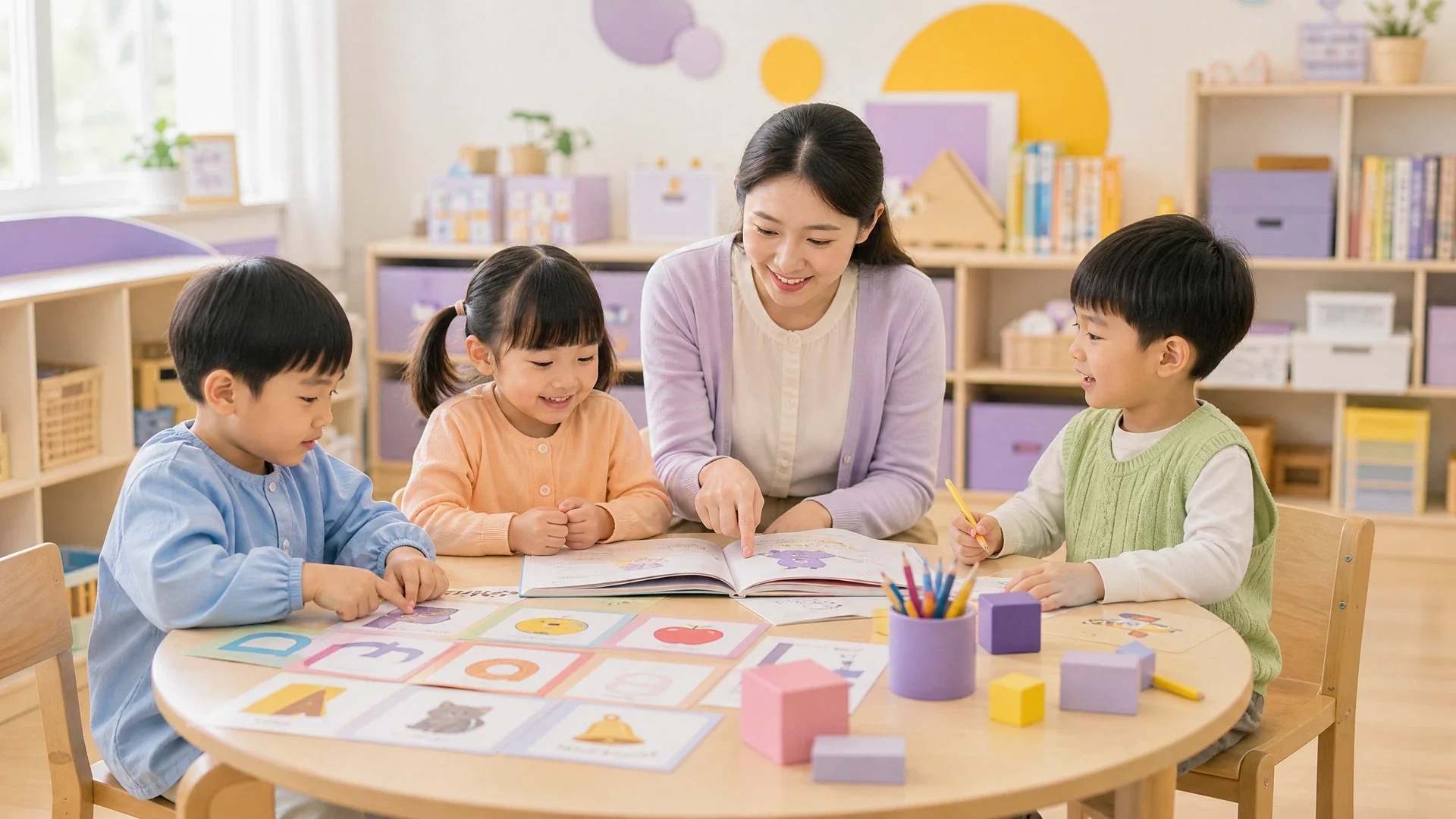 幼師以拼音卡、繪本及字母教具帶領幼兒學習