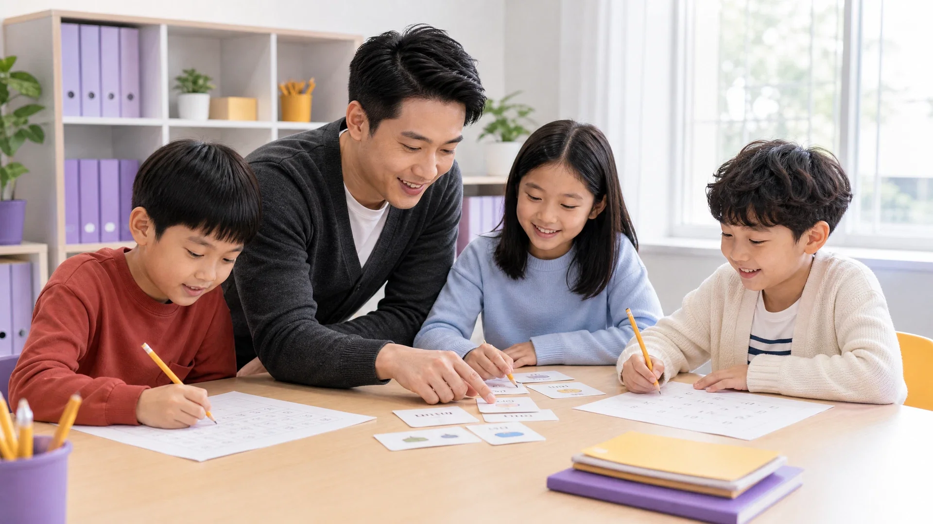 導師引導三名小學生完成中英數練習