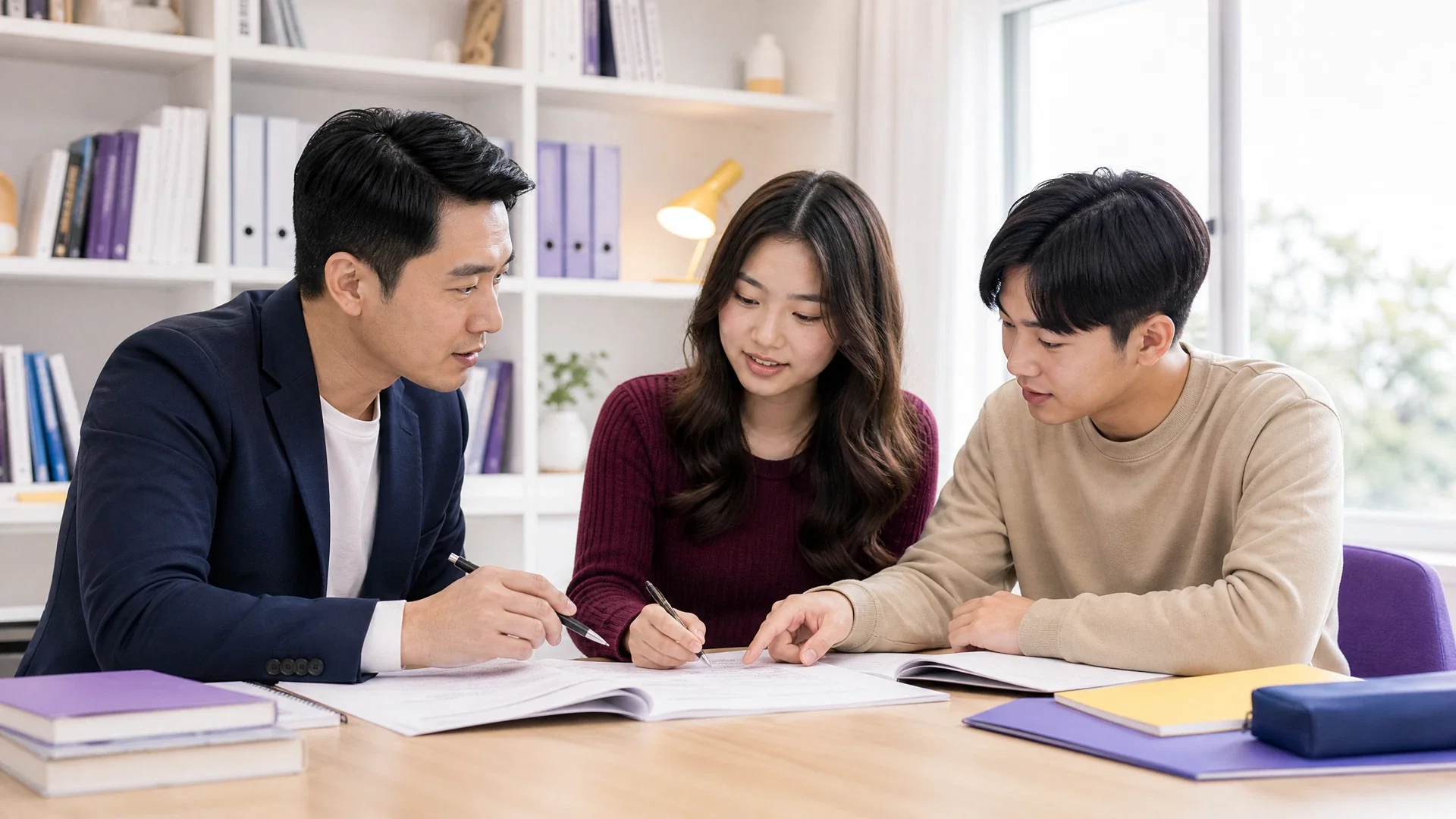 導師與高中生以英文文章及練習紙進行應試溫習